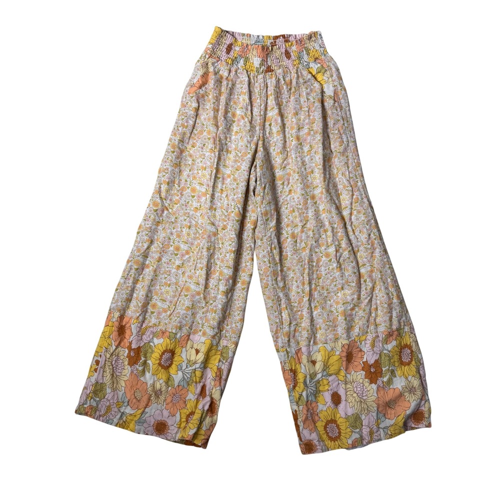 American Eagle Women XS Floral Wide Leg Smocked Waist Cotton Linen Boho Pants